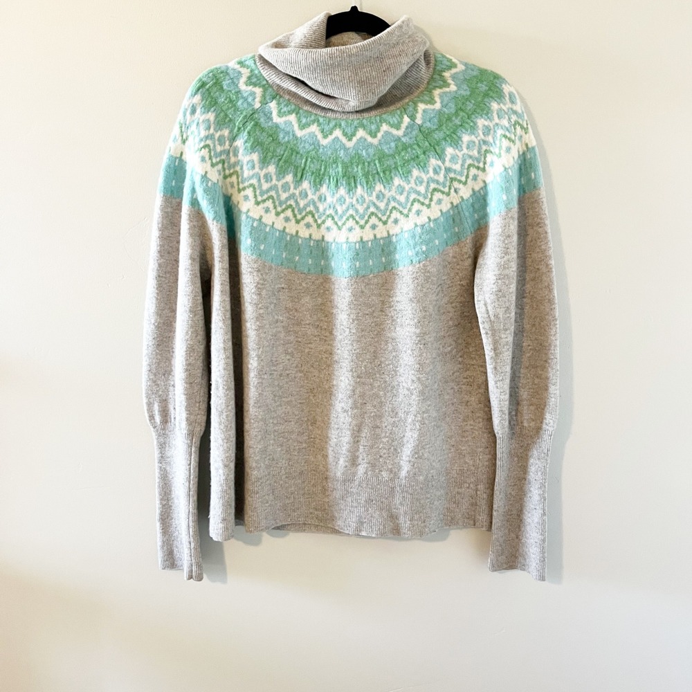 Sundance Womens 100% Cashmere Fair Isle Turtleneck Sweater Large L Gray Green